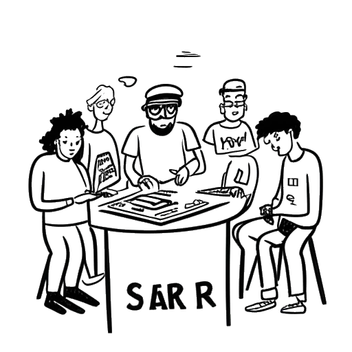Dibujo de arte lineal de un hombre colaborando con otros creadores de contenido con las palabras 5$TAR Community en el fondo.