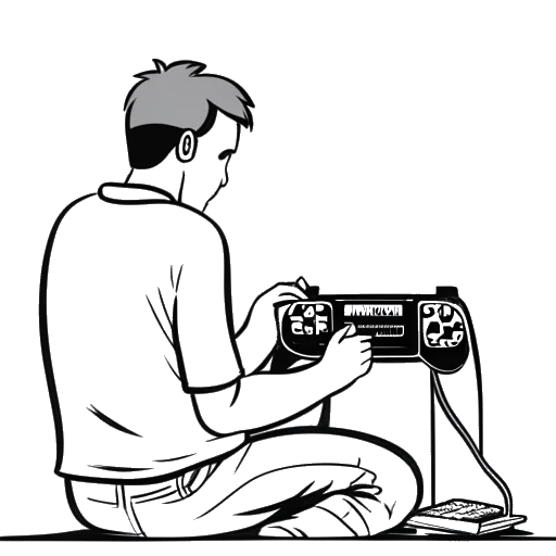 Dibujo de arte lineal de un hombre jugando un videojuego con las palabras maxscrotum y GTA.