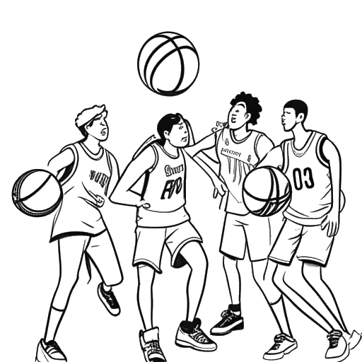 Dibujo de arte lineal de un grupo de amigos de la escuela intermedia jugando baloncesto con un logo de YouTube en el fondo.