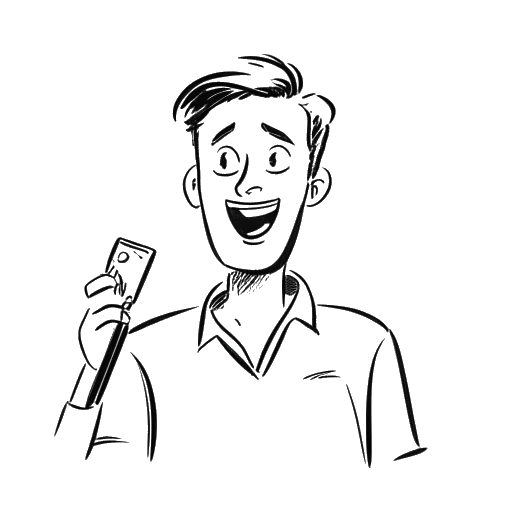 Desenho de arte linear de um homem contando uma anedota pessoal com humor em um vídeo ou transmissão ao vivo.