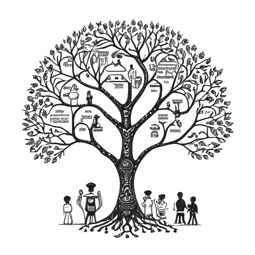 Dibujo de arte lineal de un árbol genealógico con símbolos Bantú occidental, marfileños y benineses.