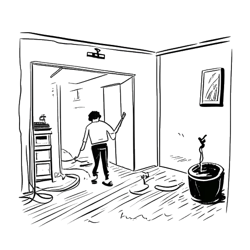 Line art drawing of a man leaving a basement with a streaming setup.