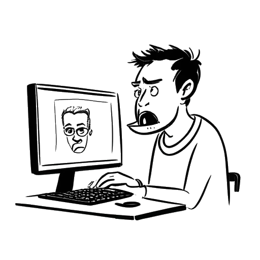 Line art drawing of a man reacting to a video called Antisocial 2 on a computer screen.
