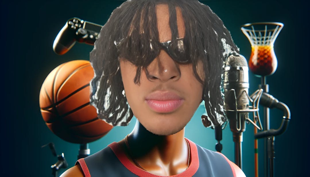 Plaqueboymax, a male with twist or dreadlock hairstyle and unique sunglasses, looking confidently at the camera. The background showcases symbols of his content creation journey, including basketballs and microphones, in vibrant colors and high resolution.