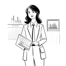 Desenho em arte linear de uma mulher representando Kim Kardashian, segurando confiante uma maleta, cercada por vários gráficos e tabelas financeiras.