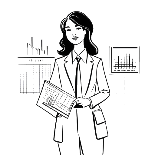 Dibujo de arte lineal de una mujer que representa a Kim Kardashian, sosteniendo un maletín con confianza, rodeada de diversos gráficos financieros.