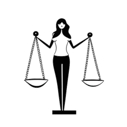 Lijntekening van een vrouw die Kim Kardashian vertegenwoordigt, een balansschaal vasthoudend als symbool van rechtvaardigheid, waarbij gevangenisrepen op de achtergrond vervagen.
