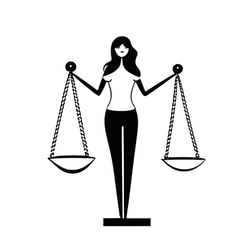 Line art drawing of a woman representing Kim Kardashian, holding a balance scale symbolizing justice, with prison bars fading away in the background.