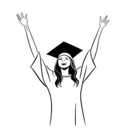 Line art drawing of a woman representing Kim Kardashian, wearing a graduation cap and gown, throwing her hands in the air in celebration.