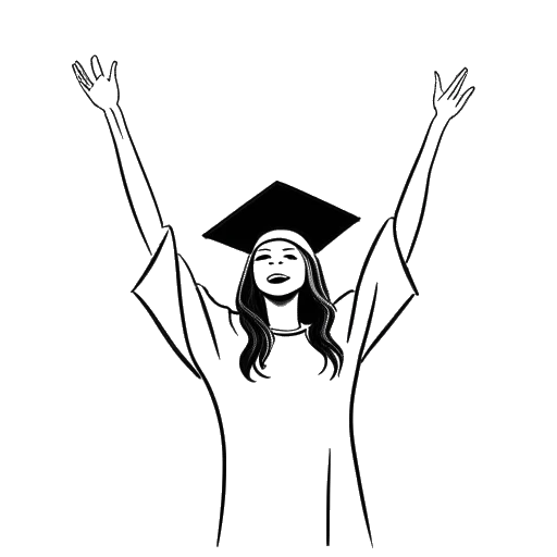 Lijntekening van een vrouw die Kim Kardashian vertegenwoordigt, met een afstudeermuts en toga, met haar handen in de lucht in viering.