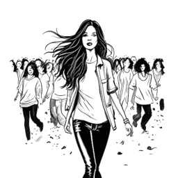Desenho em arte linear de uma mulher representando Kim Kardashian, com longos cabelos escuros, caminhando confiante em meio a uma multidão de paparazzi.