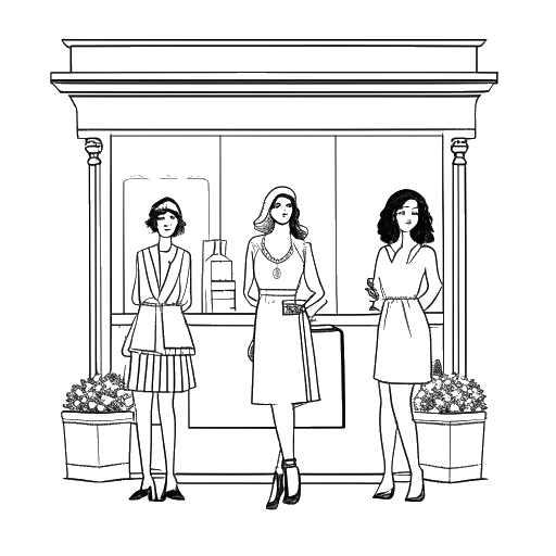 Desenho de arte de linha de três mulheres, representando Kim, Kourtney e Khloé Kardashian, em pé na frente de sua loja de butique