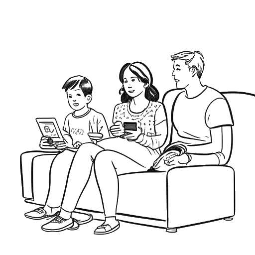 Desenho de arte de linha de uma mulher, representando Kim Kardashian, segurando um controle remoto de televisão com sua família ao fundo