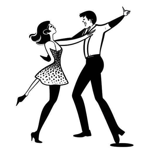 Line art drawing of a woman, representing Kim Kardashian, dancing with a man, with a star in the background