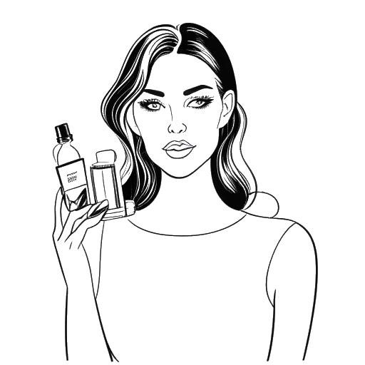 Line art drawing of a woman, representing Kim Kardashian, holding perfume and makeup products