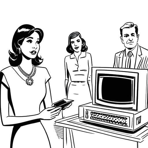Desenho de arte de linha de uma mulher, representando Kim Kardashian, com uma herdeira de hotel e um homem, com uma televisão e uma fita de vídeo ao fundo