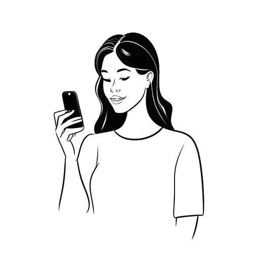 Line art drawing of a woman, representing Kim Kardashian, holding a smartphone with the Instagram logo