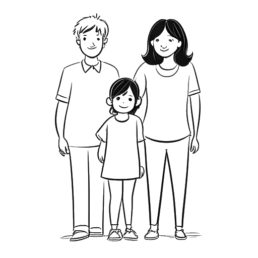 Line art drawing of a young girl, representing Kim Kardashian, with her parents and step-parent