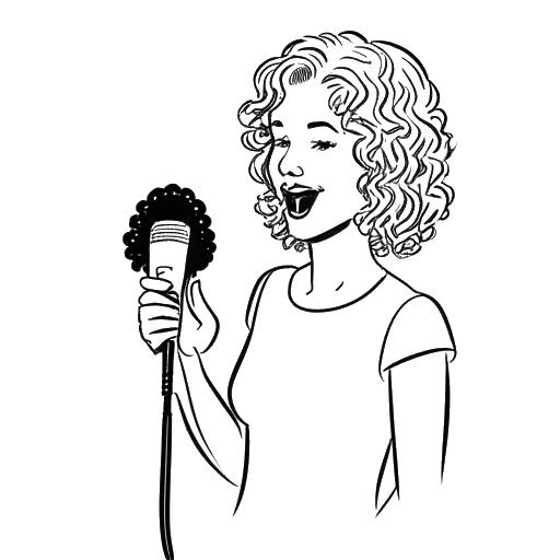 Line art drawing of a woman, representing Kim Kardashian, holding a microphone with a poodle in the background