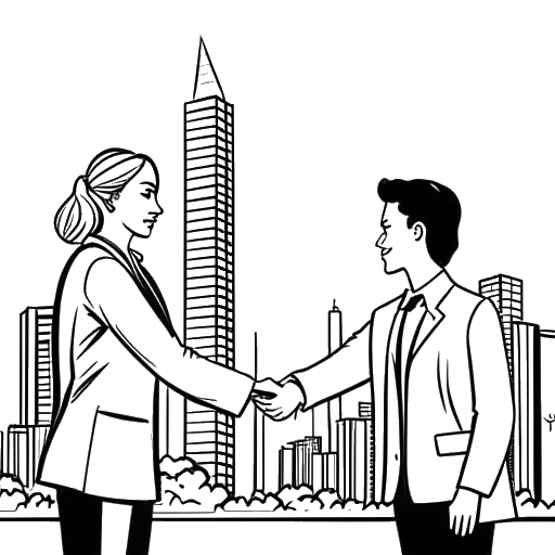 Line art drawing of a woman, representing Kim Kardashian, shaking hands with another person, with a skyscraper in the background