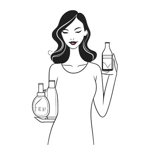 Line art drawing of a woman, representing Kim Kardashian, holding shapewear and perfume bottles