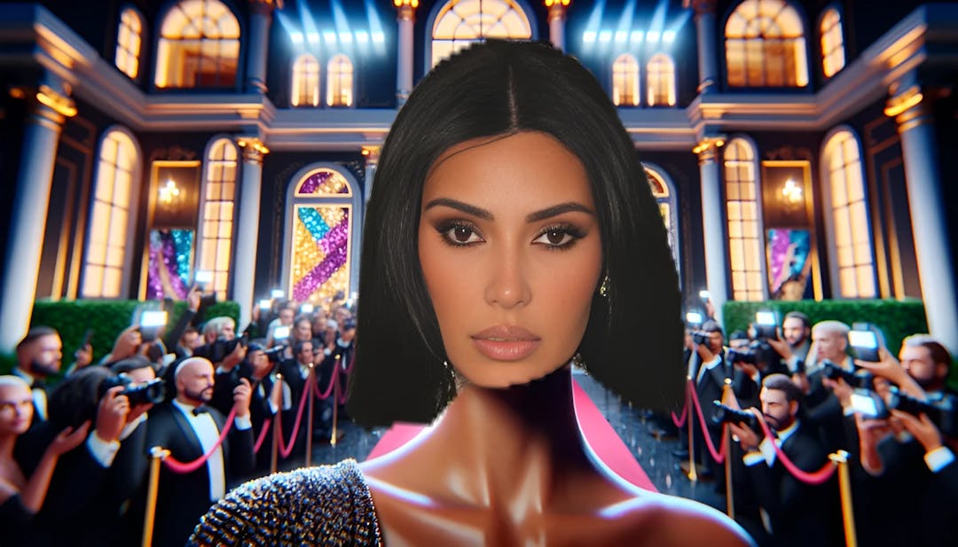 Kim Kardashian, een glamoureuze vrouw met een kaal hoofd, vol vertrouwen kijkend in een luxueus landhuis omgeven door paparazzi. Ze draagt een elegante avondjurk, terwijl levendige kleuren en weelderige decoratie haar aanwezigheid accentueren.