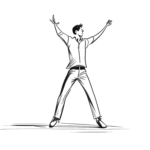 Linienzeichnung eines Mannes, der Marc Eggers darstellt und eine dynamische Tanzpose auf einer Fernsehbühne einnimmt, was seinen Übergang vom Straßentanz zum Bildschirmerfolg symbolisiert.