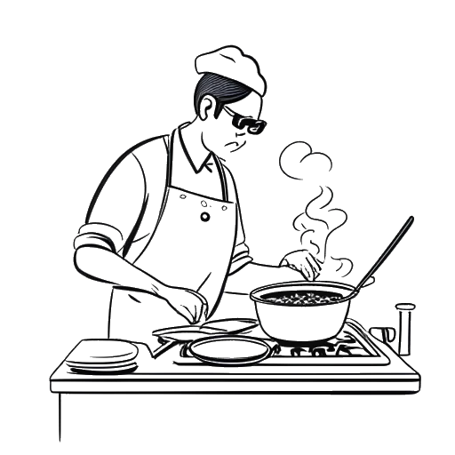 Strichzeichnung eines Mannes beim Kochen, der Marc Eggers darstellt, mit Küchenutensilien und einer Gesichtsmaske im Hintergrund.