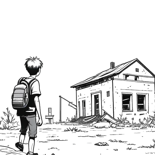 Strichzeichnung eines jungen Jungen mit einem Rucksack, der Marc Eggers darstellt, und eines verlassenen Gebäudes im Hintergrund.