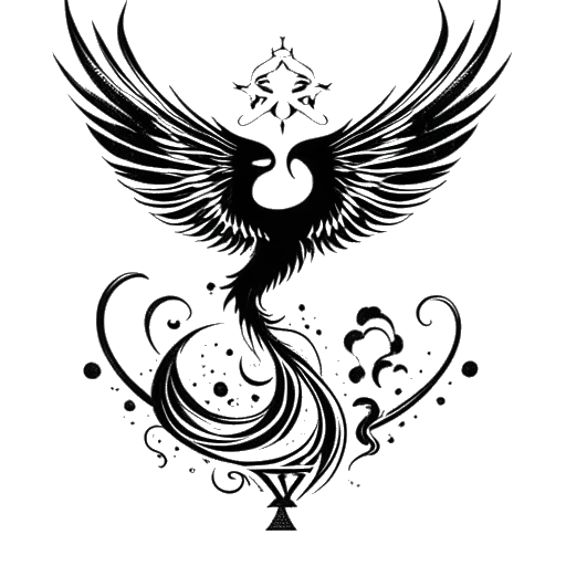 Line art of a phoenix rising, representing XXXTentacion's legacy with musical notes and a balanced scale of justice, marking his posthumous vindication.