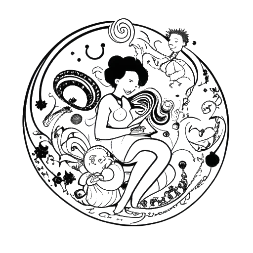 Monochrome line drawing representing Xxxtentacion as a creative force, surrounded by music notes, dollar signs, with a halo overhead and cradling an infant, symbolizing his artistic legacy and posthumous fatherhood.