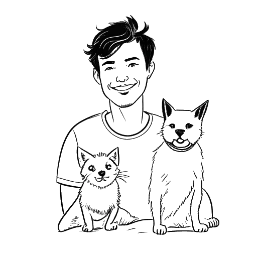 Desenho de arte linear de um jovem representando XXXTentacion segurando um cachorro e um gato, com um sorriso no rosto