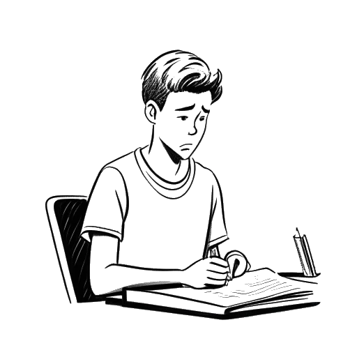 Desenho de arte linear de um adolescente representando XXXTentacion sentado em uma sala de aula com uma expressão triste e segurando um papel que diz 'Transtorno Bipolar'