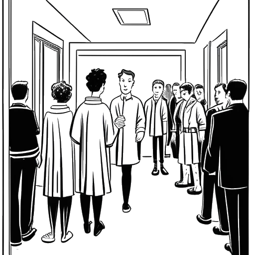 Desenho de arte linear de um adolescente representando XXXTentacion sendo escoltado para fora de uma sala por um funcionário da escola, com um grupo de alunos em trajes de coral olhando com surpresa