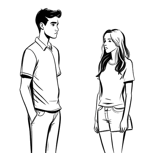 Desenho de arte linear de um jovem e uma jovem representando XXXTentacion e Geneva Ayala, afastados com a jovem parecendo chateada e o jovem parecendo arrependido