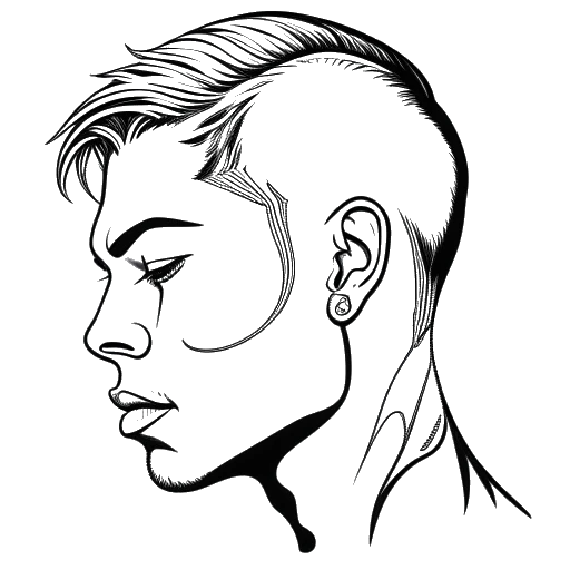 Disegno a linee di un uomo con i capelli a metà colorati e tatuaggi sul viso, che rappresenta lo stile inconfondibile di XXXTentacion, presentato su uno sfondo bianco.