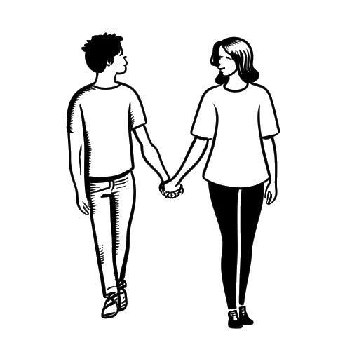 Line art drawing of a young man and a young woman representing XXXTentacion and Jenesis Sanchez, holding hands with the words 'domestic partnership' written above them