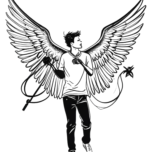 Line art drawing of a young man representing XXXTentacion with angel wings, holding a microphone and surrounded by musical notes