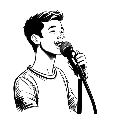 Dibujo de arte lineal de un joven representando a XXXTentacion sosteniendo un micrófono, con un foco brillando sobre él y las palabras 'Look at Me' mostradas en el fondo