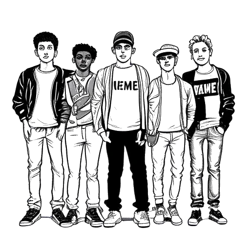 Line art drawing of a group of young men representing XXXTentacion's Members Only collective, with the words 'Members Only' written above them and two cassette tapes displayed below them