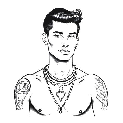 Dibujo de arte lineal del pecho de un joven representando a XXXTentacion, con el nombre 'Cleopatra' tatuado en él