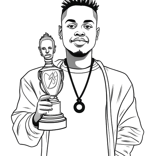 Disegno a linee di una figura che tiene in mano due premi, che rappresenta il riconoscimento ottenuto da XXXTentacion con un American Music Award e un BET Hip Hop Award, su uno sfondo bianco.