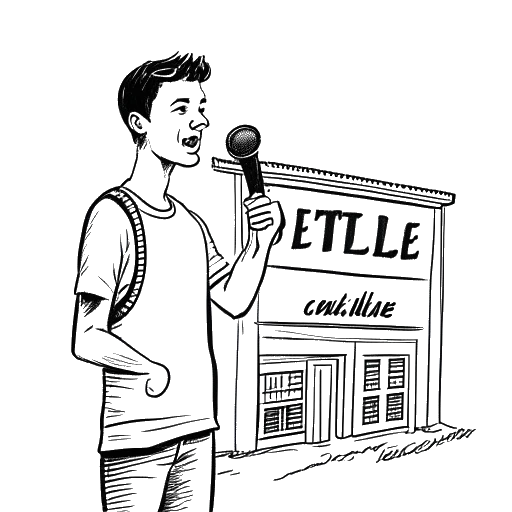 Dibujo de arte lineal de un joven representando a XXXTentacion sosteniendo un micrófono, de pie afuera de un edificio con las palabras 'Centro de Detención Juvenil' en él