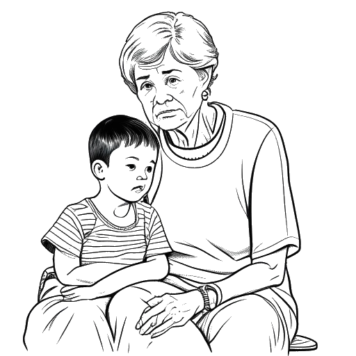 Line art drawing of a young boy representing XXXTentacion sitting on an elderly woman's lap, with a worried expression