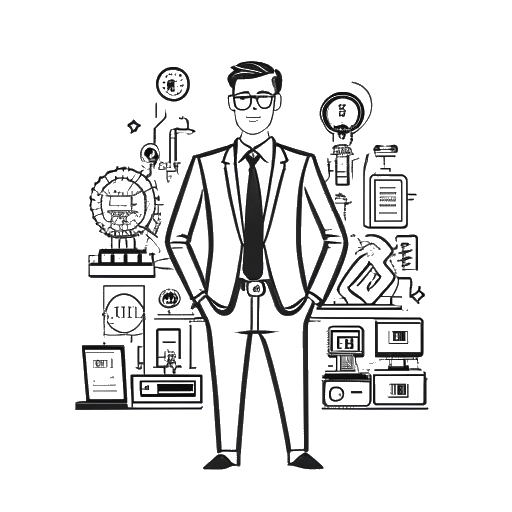 Strichzeichnung eines Mannes, der Iman Gadzhi darstellt, in professioneller Kleidung mit Symbolen für digitales Marketing, Online-Bildung, Luxusimmobilien und Softwareentwicklung um ihn herum.