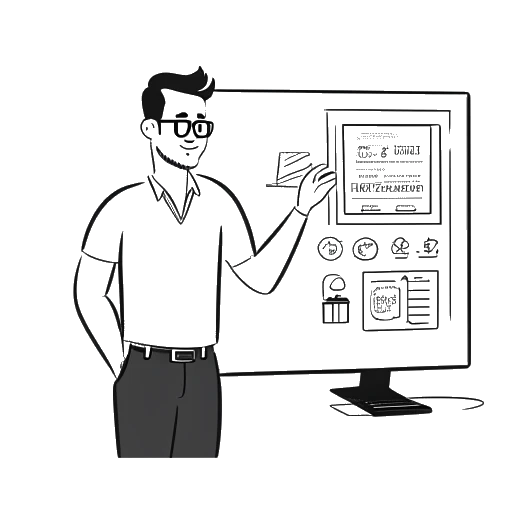 Desenho de arte em linha de um homem, representando Iman Gadzhi, apresentando orgulhosamente um aplicativo de software, com várias operações de agência ao fundo.