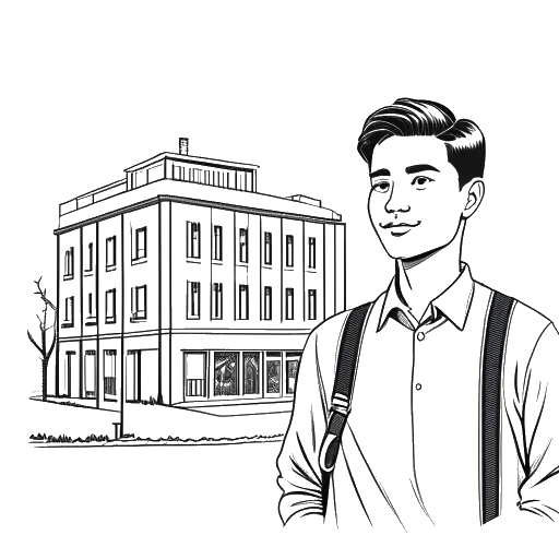 Desenho de arte em linha de um jovem, representando Iman Gadzhi, iniciando um negócio com determinação, com um prédio escolar ao fundo.