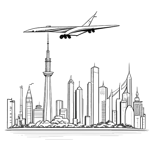 Desenho de arte em linha de um homem, representando Iman Gadzhi, mudando-se para Dubai, com aviões e arranha-céus ao fundo.