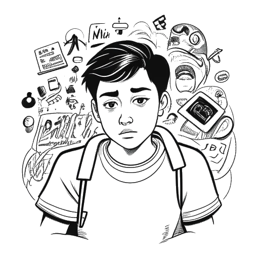 Line art drawing of a teenage boy, representing Iman Gadzhi, looking worried, surrounded by Instagram logos.
