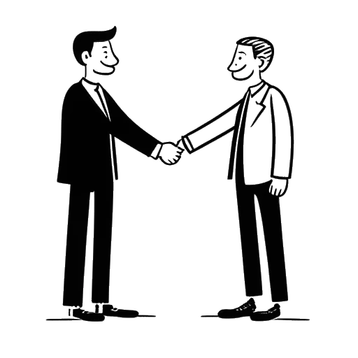 Line art drawing of a man, representing Iman Gadzhi, confidently shaking hands with a client, surrounded by logos of successful businesses.